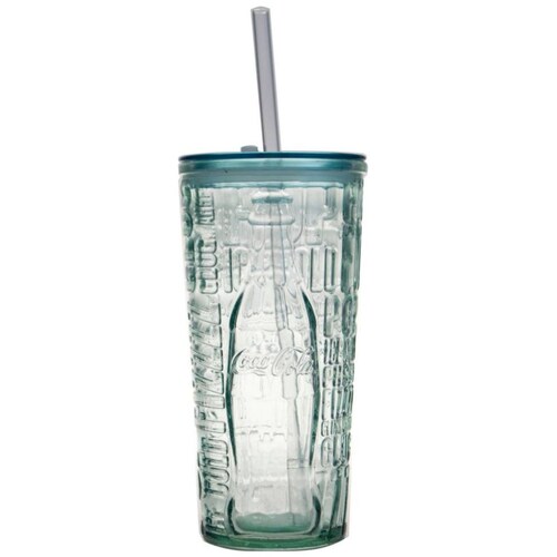 Vaso Coca-Cola  con Tapa Popote de  Vidrio San Miguel