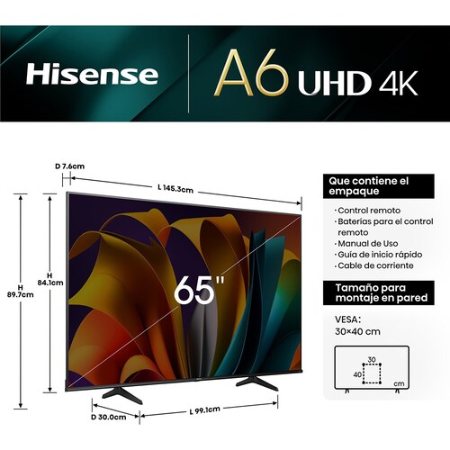 Pantalla Hisense 65 Pulgadas Google Tv 4K 65A6N + Mueble + Cable Hdmi