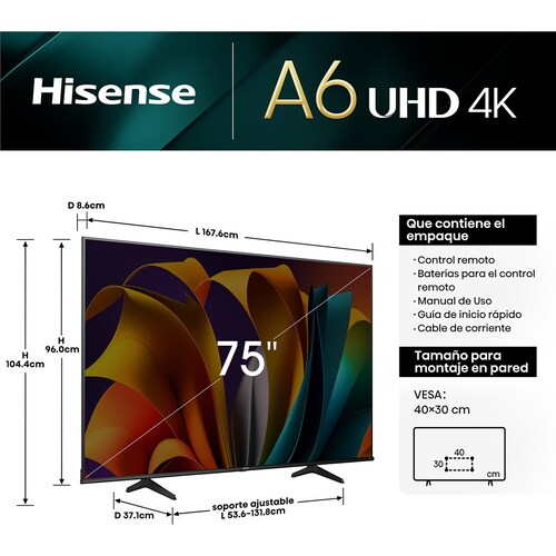 Pantalla Hisense 75 Pulgadas 4K Android Tv 75A6N