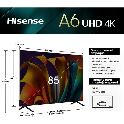 Pantalla Hisense 85 Pulgadas Google Tv 4K 85A6N