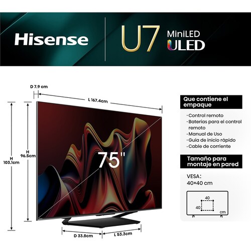Pantalla Miniled Hisense 75 Pulgadas Google Tv 75U7N + Barra de Sonido + Maleta