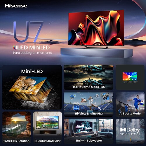 Pantalla Miniled Hisense 75 Pulgadas Google Tv 75U7N + Barra de Sonido + Maleta