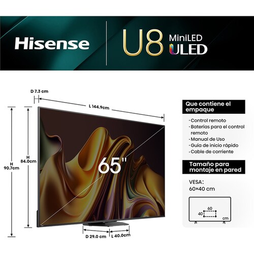 Pantalla Mini Led Hisense 65 Pulgadas Google Tv 65U8N + Barra de Sonido + Maleta