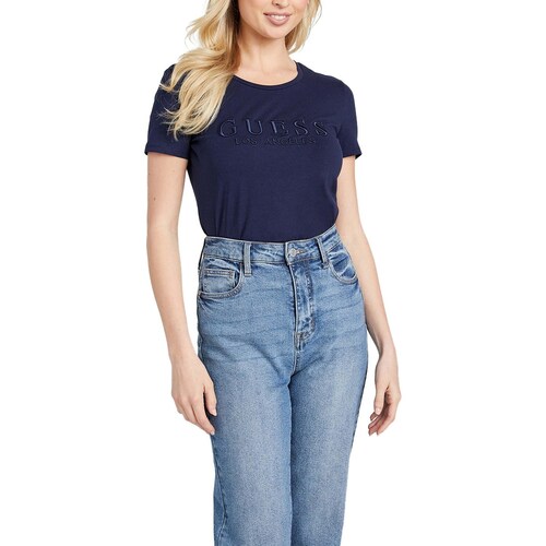 Guess Camiseta De Manga Corta Para Mujer Con Cuello Alto Falso De 0.14 Oz
