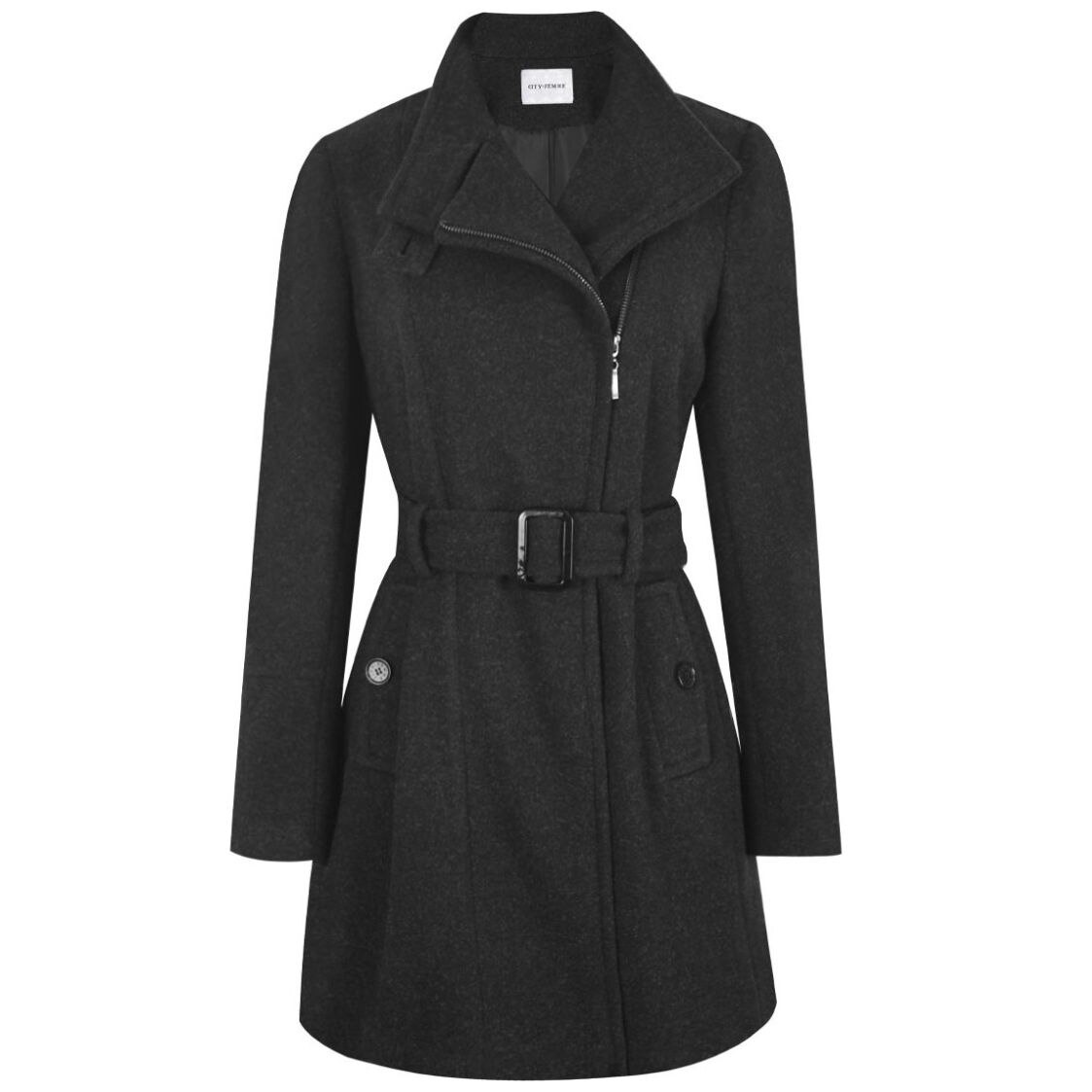 Abrigo 3/4 de Cuello Mao con Cinturón y Cierre para Mujer City