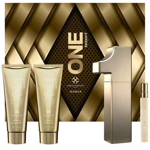 Set Eau de Parfum Carlo Corinto One Night Woman 100 Ml + Body Shampoo 110 Ml + Hand Cream 110 Ml +Eau de Parfum 10 Ml para Mujer