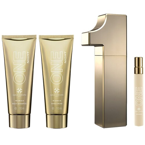 Set Eau de Parfum Carlo Corinto One Night Woman 100 Ml + Body Shampoo 110 Ml + Hand Cream 110 Ml +Eau de Parfum 10 Ml para Mujer