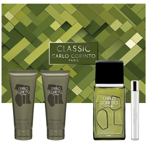 Set Eau de Toilette Carlo Corinto Classic 100 Ml + After Shave Gel 100 Ml + Body Shower Gel 100 Ml +Eau de Toilette 10 Ml para Hombre