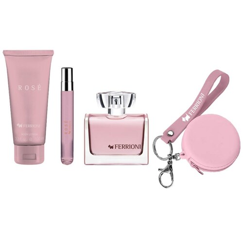 Set Ferrioni Rosa©  100 Ml + Body Shampoo 100 Ml + 10 Ml + Monedero para Mujer
