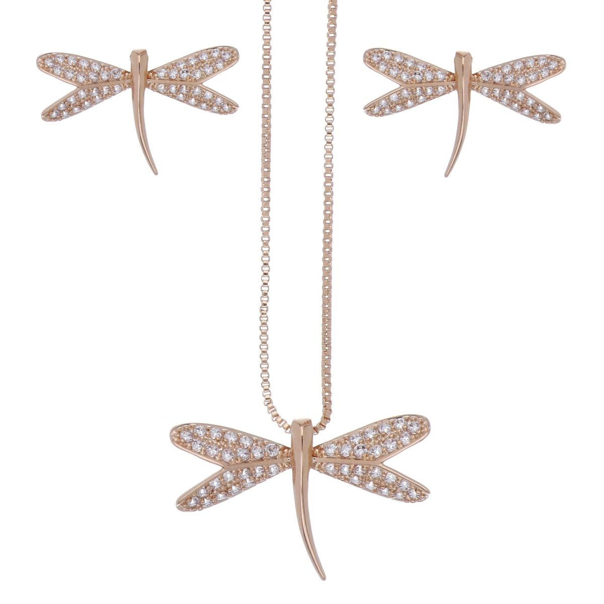 Set Aretes+Dije Cadena Mariposa Circonita Blanca Chapado Oro Rosa Farfalla Bonetti