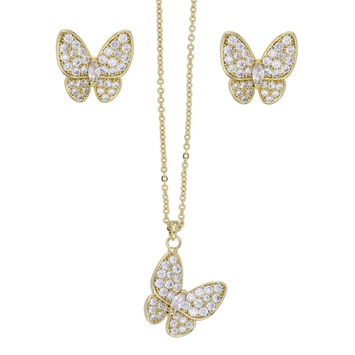 Set Aretes+Dije Cadena Circonita Blanca Chapado Oro Farfalla Bonetti