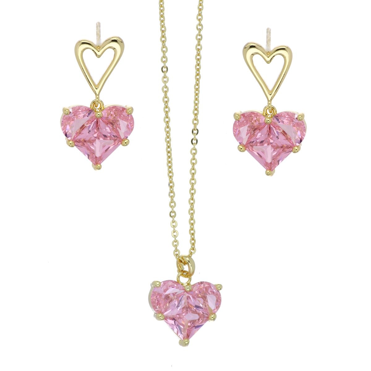 Set Aretes+Dije Cadena Corazón Circonita Rosa Chapado Oro Farfalla Bonetti