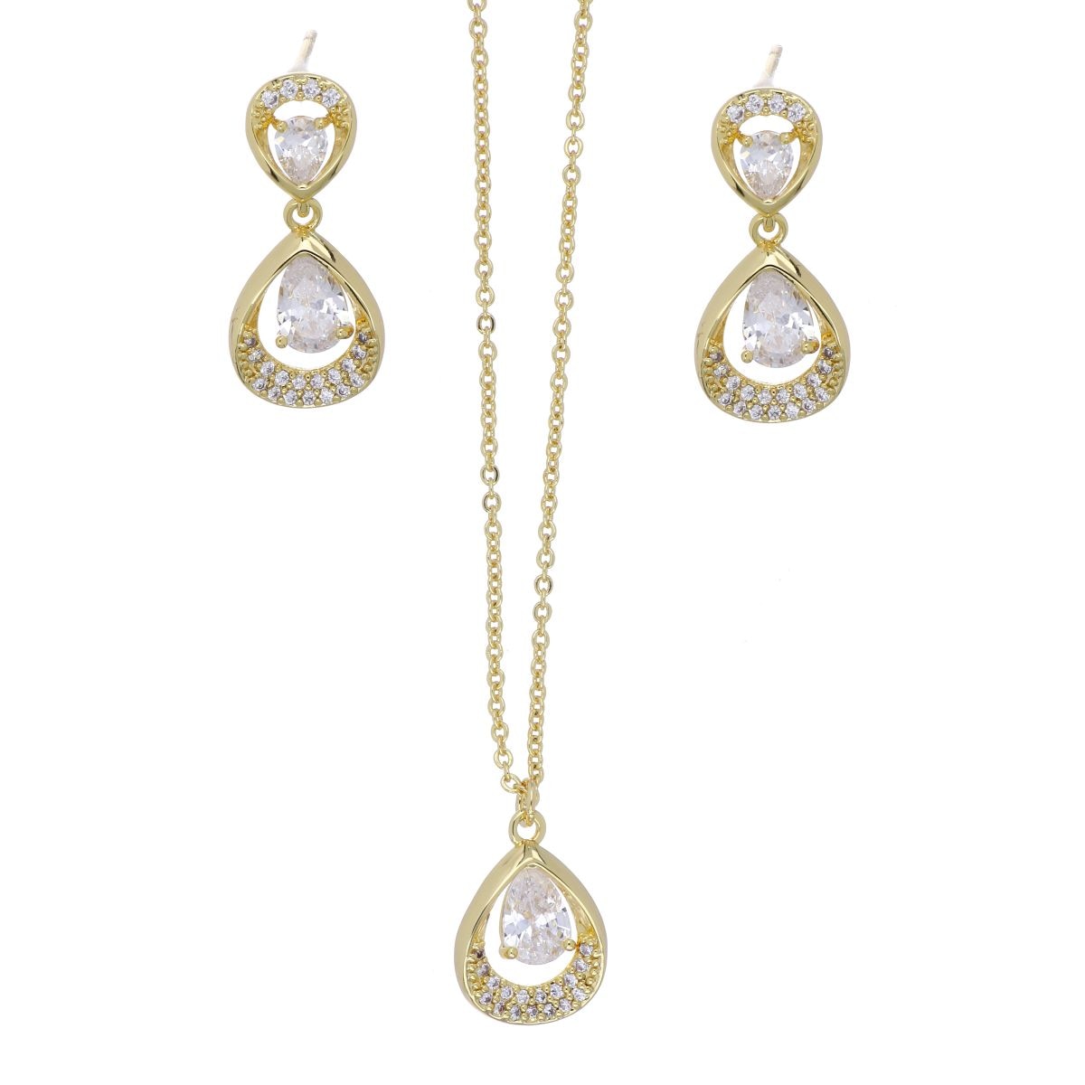 Set Aretes+Dije Cadena Circonita Blanca Chapado Oro Farfalla Bonetti