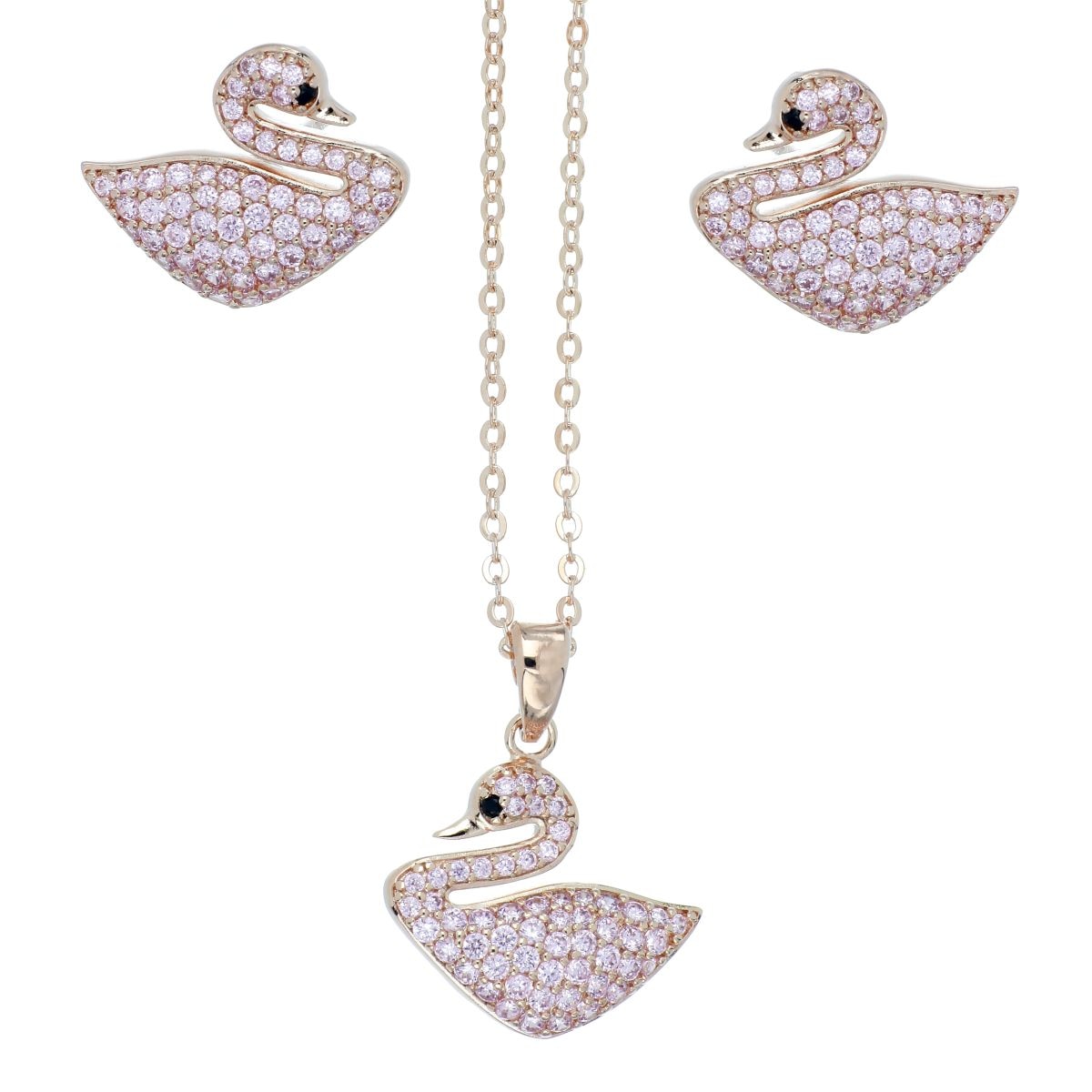 Set Aretes+Dije Cadena Cisne Circonita Rosa Chapado Oro Rosa Farfalla Bonetti