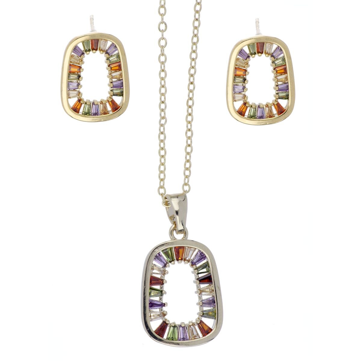 Set Aretes+Dije Cadena Circonita Multicolor Acabado Rodio Farfalla Bonetti