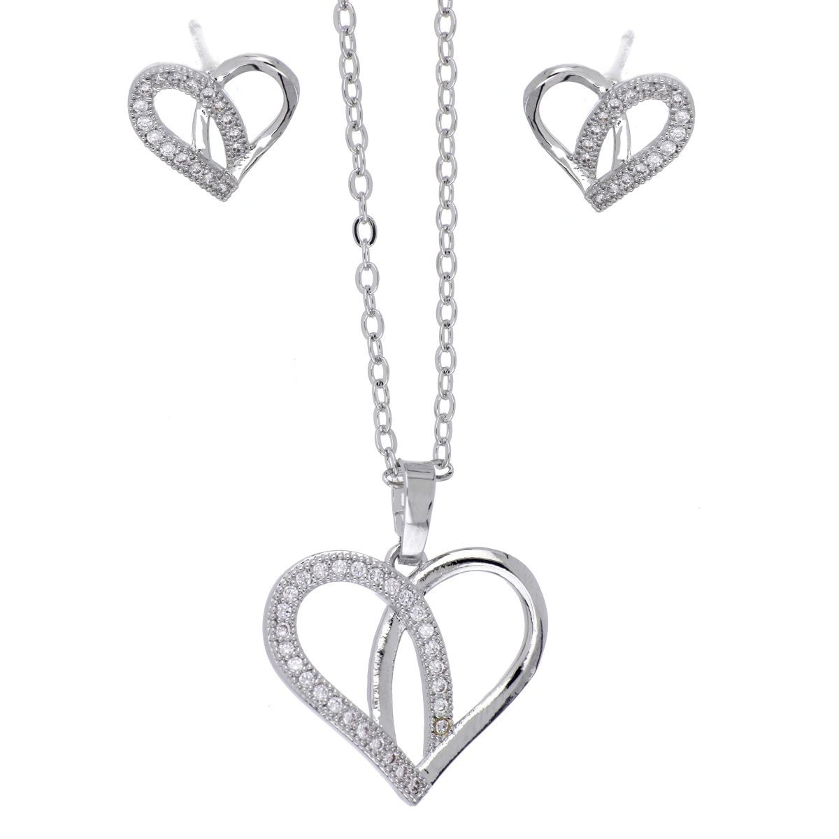 Set Aretes+Dije Cadena Corazón Circonita Blanca Acabado Rodio Farfalla Bonetti