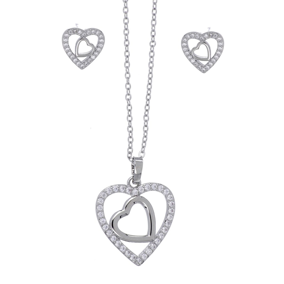 Set Aretes+Dije Cadena Corazón Circonita Blanca Acabado Rodio Farfalla Bonetti