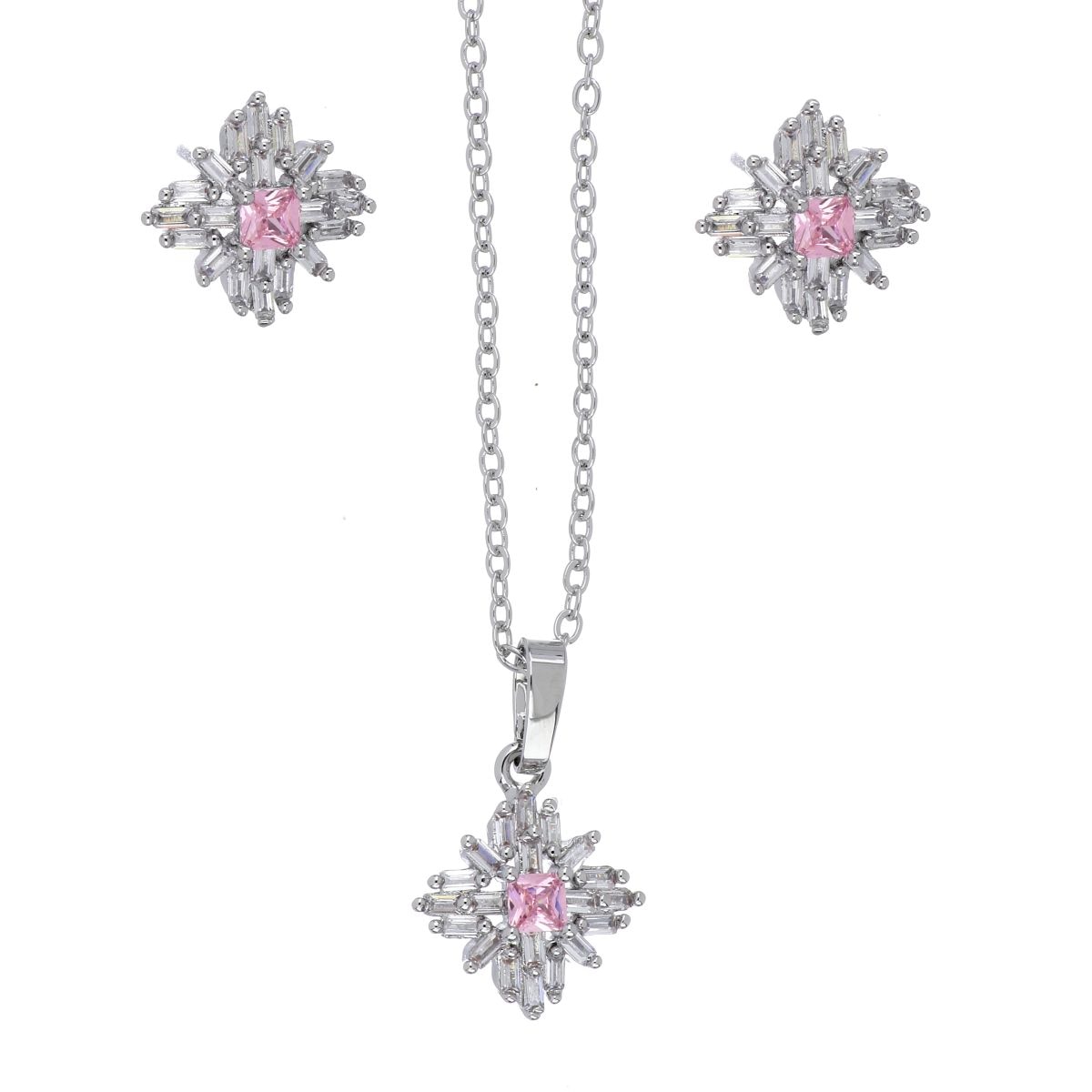Set Aretes+Dije Cadena Rosetón Circonita Rosa Acabado Rodio Farfalla Bonetti