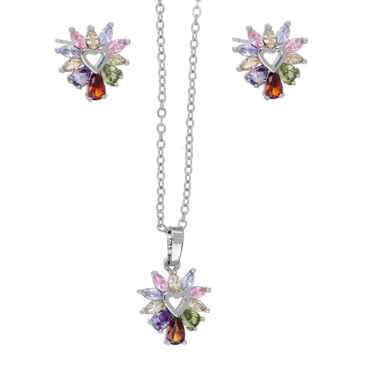 Set Aretes+Dije Cadena Rosetón Circonita Multicolor Acabado Rodio Farfalla Bonetti