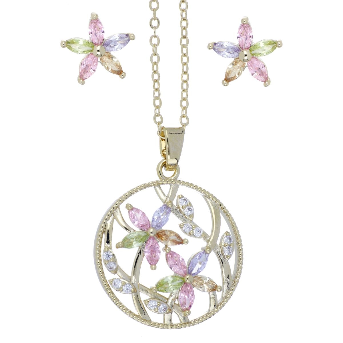 Set Aretes+Dije Cadena Rosetón Flores Multicolor Chapado Oro Farfalla Bonetti
