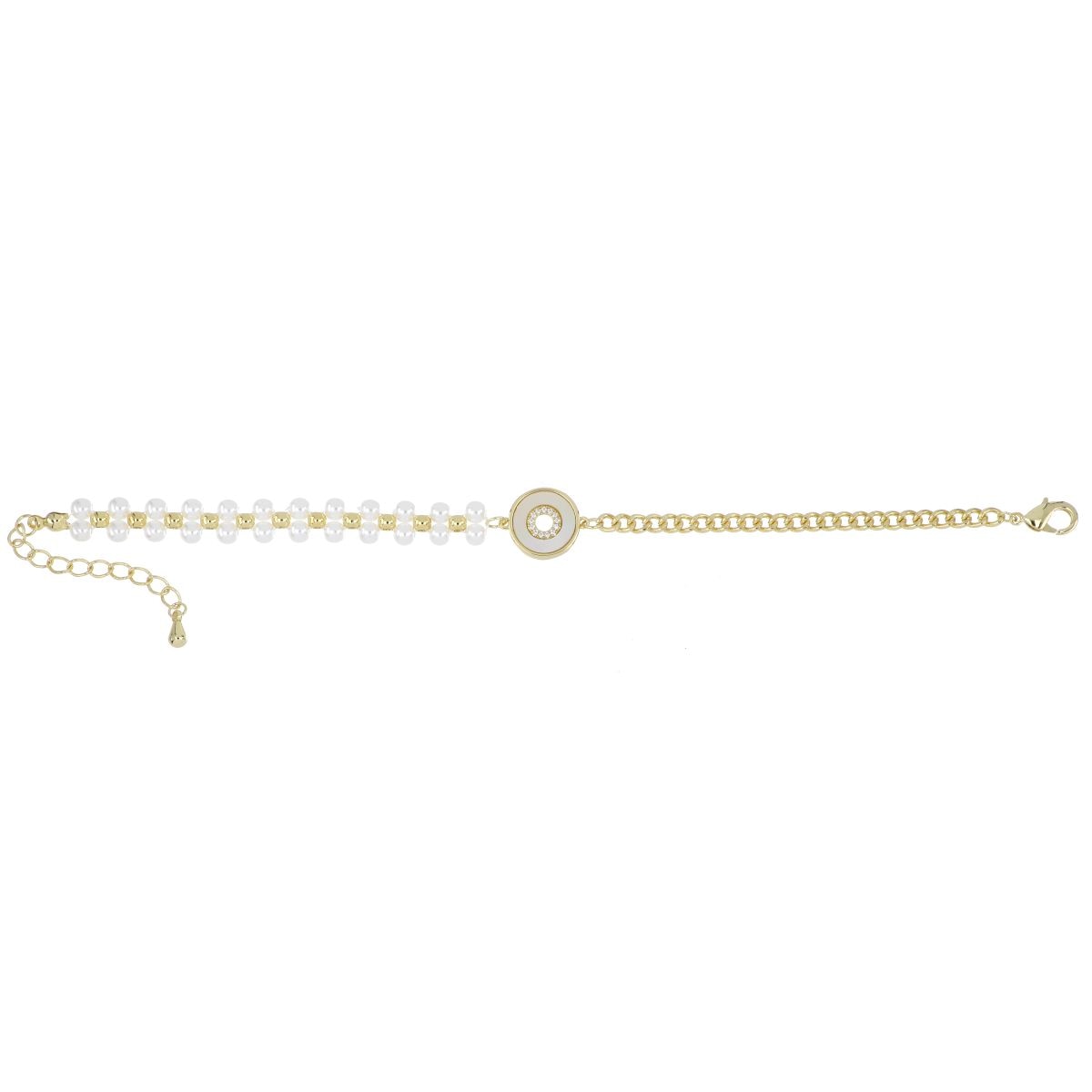 Pulsera Cadena Circonita Perlitas Blancas y Circulo Central Nácar Chapado Oro Farfalla Bonetti