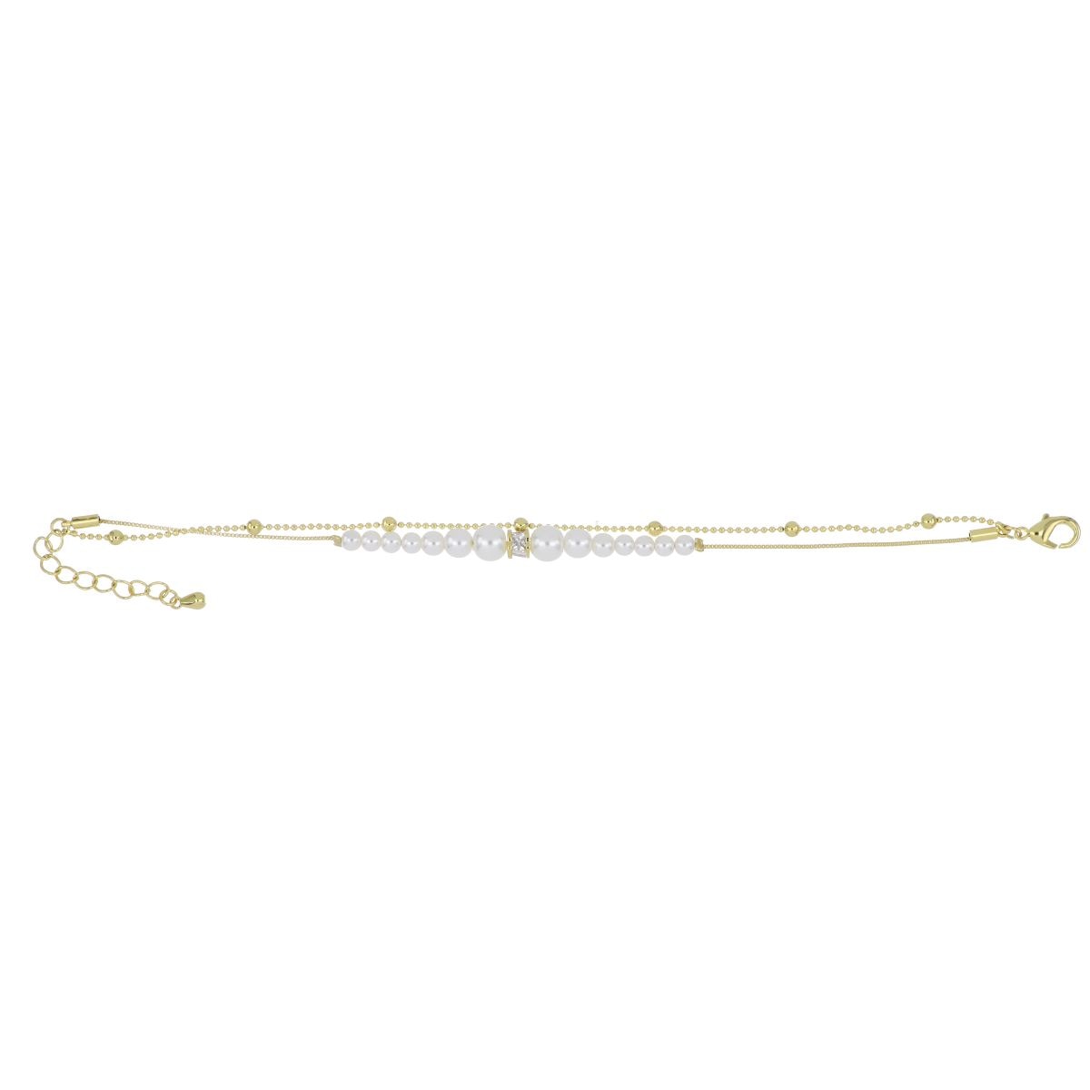 Pulsera Doble Cadena Perlitas Blancas Chapado Oro Farfalla Bonetti