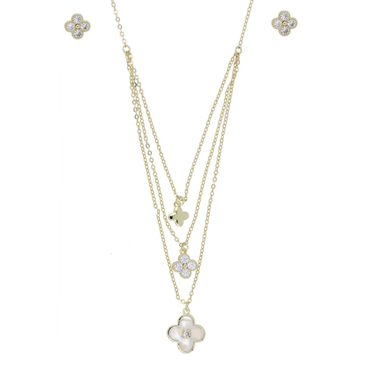 Set Aretes+Gargantilla Cadena Flor con Madreperla Blanca Chapado Oro Korei