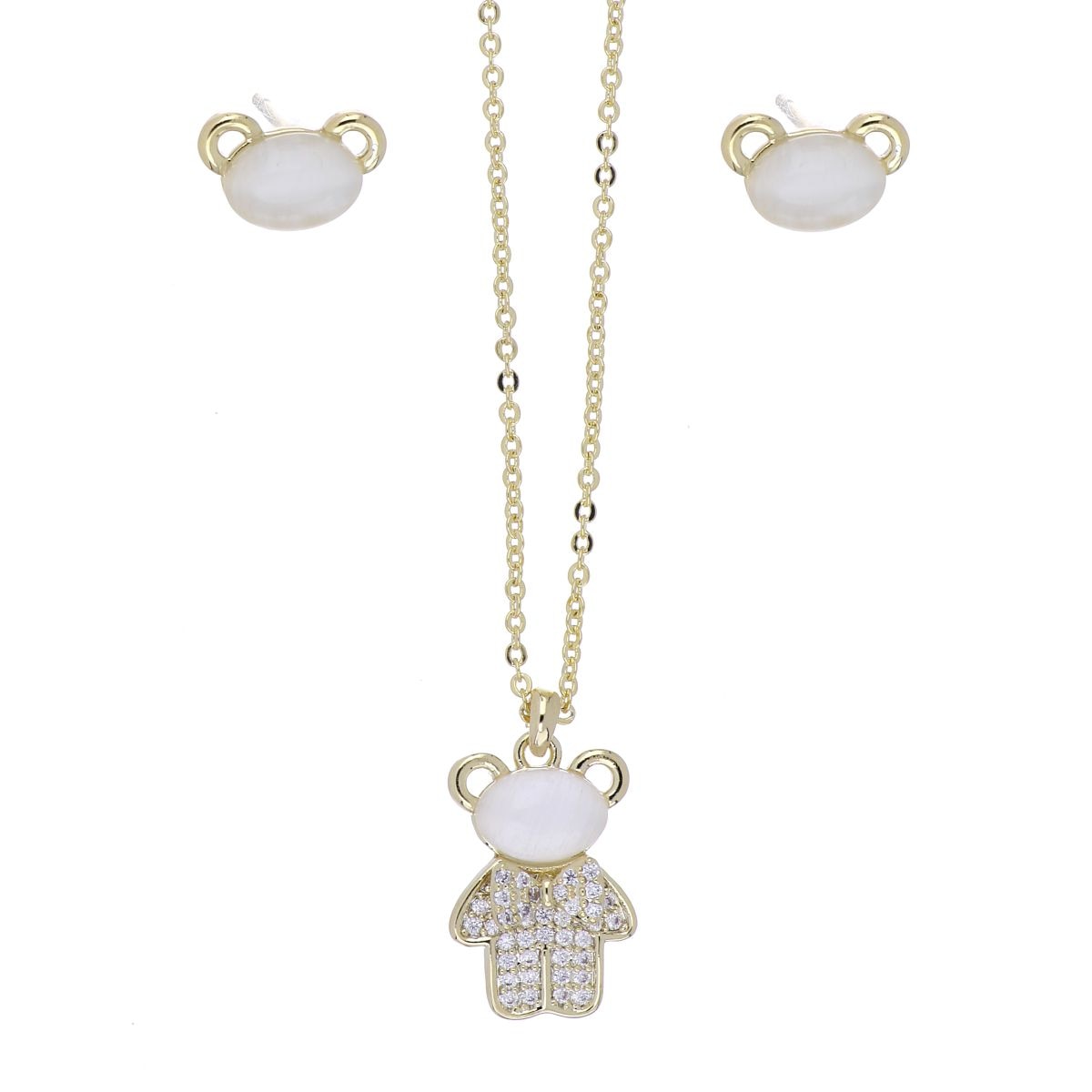 Set Aretes+Dije Cadena Osito Circonita Blanca Chapado Oro Korei