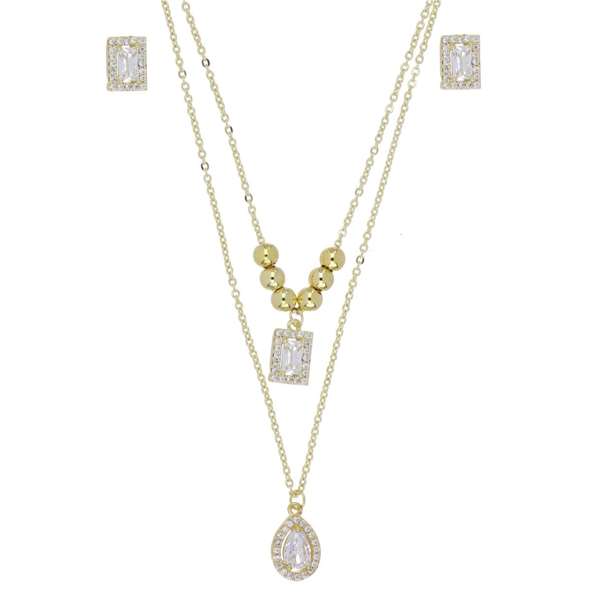 Set Aretes+Gargantilla Doble Cadena Circonita Blanca Chapado Oro Korei