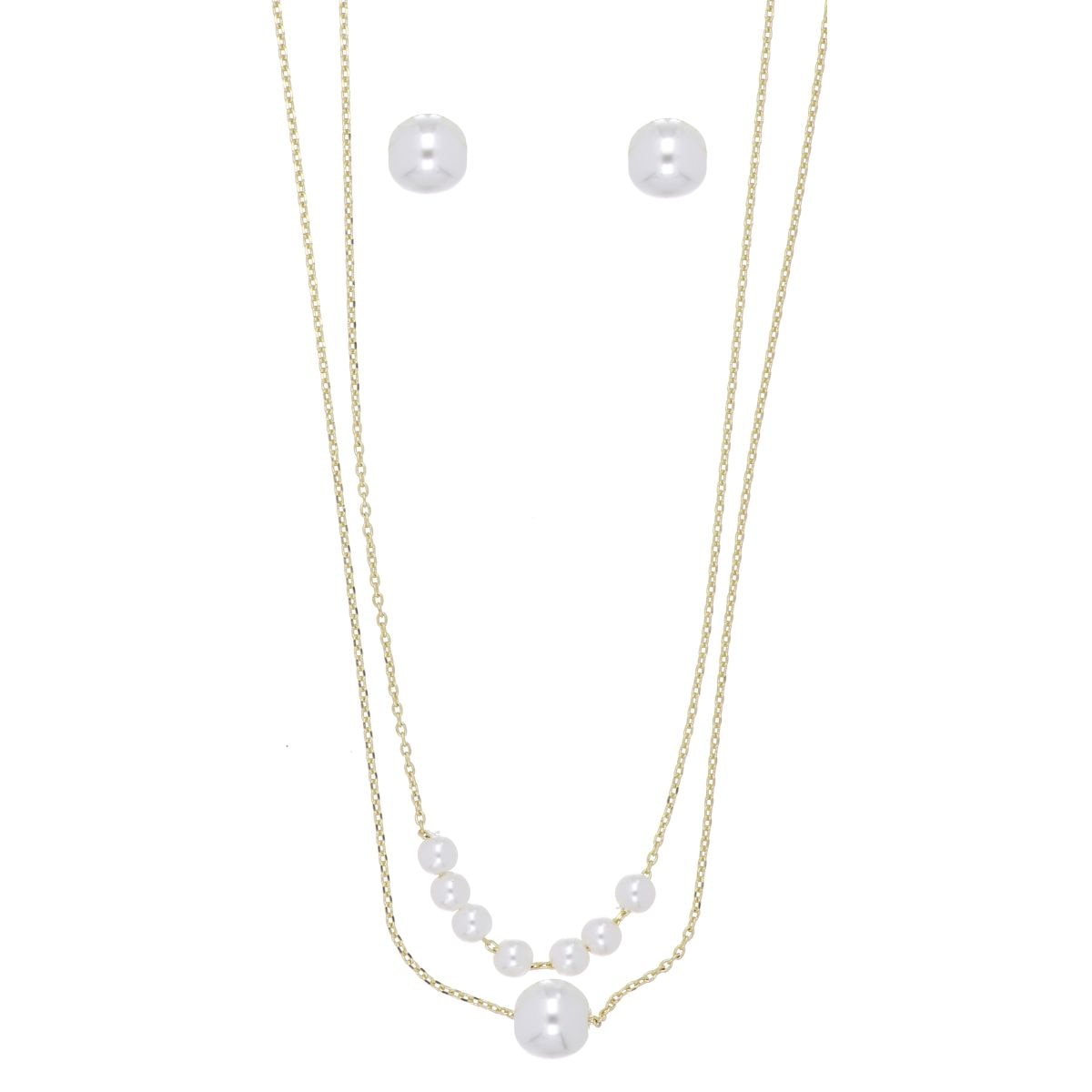Set Aretes+Gargantillas Doble Cadena Perla Blanca Chapado Oro Korei