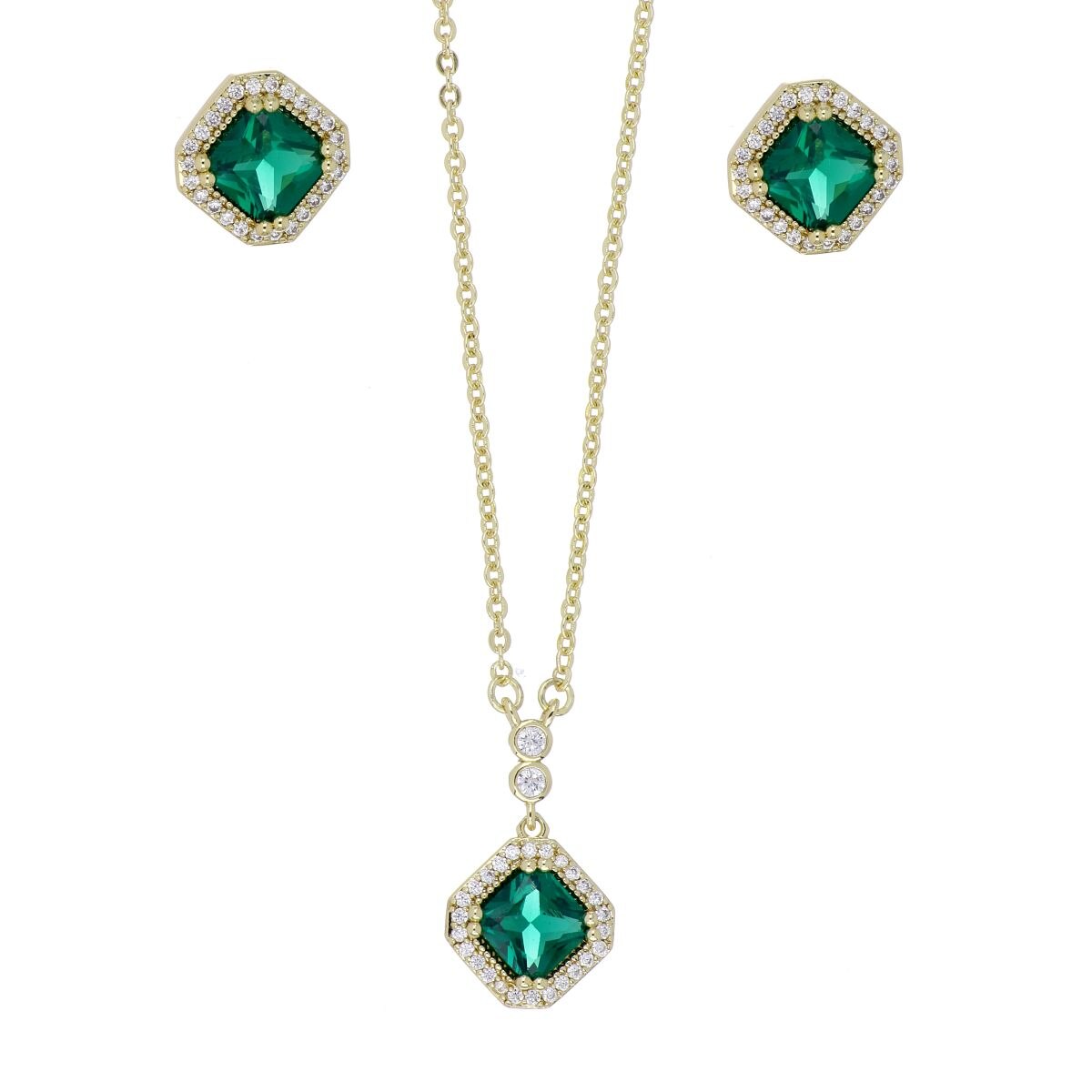 Set Aretes+Gargantillas Cadena Circonita Esmeralda Chapado Oro Korei