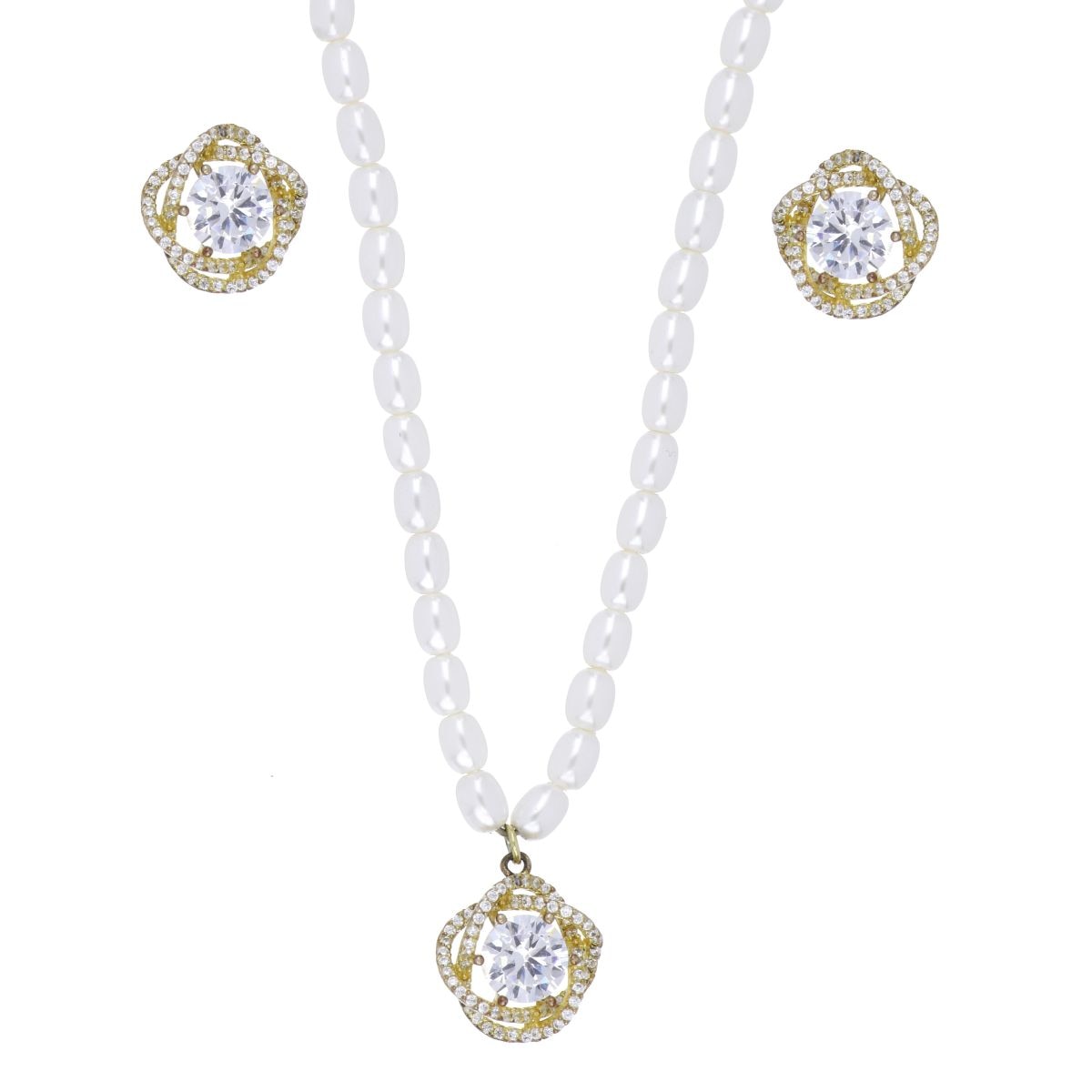 Set Aretes+ Gargantilla Cadena Perlitas con Dije Rosetón Chapado Oro Korei
