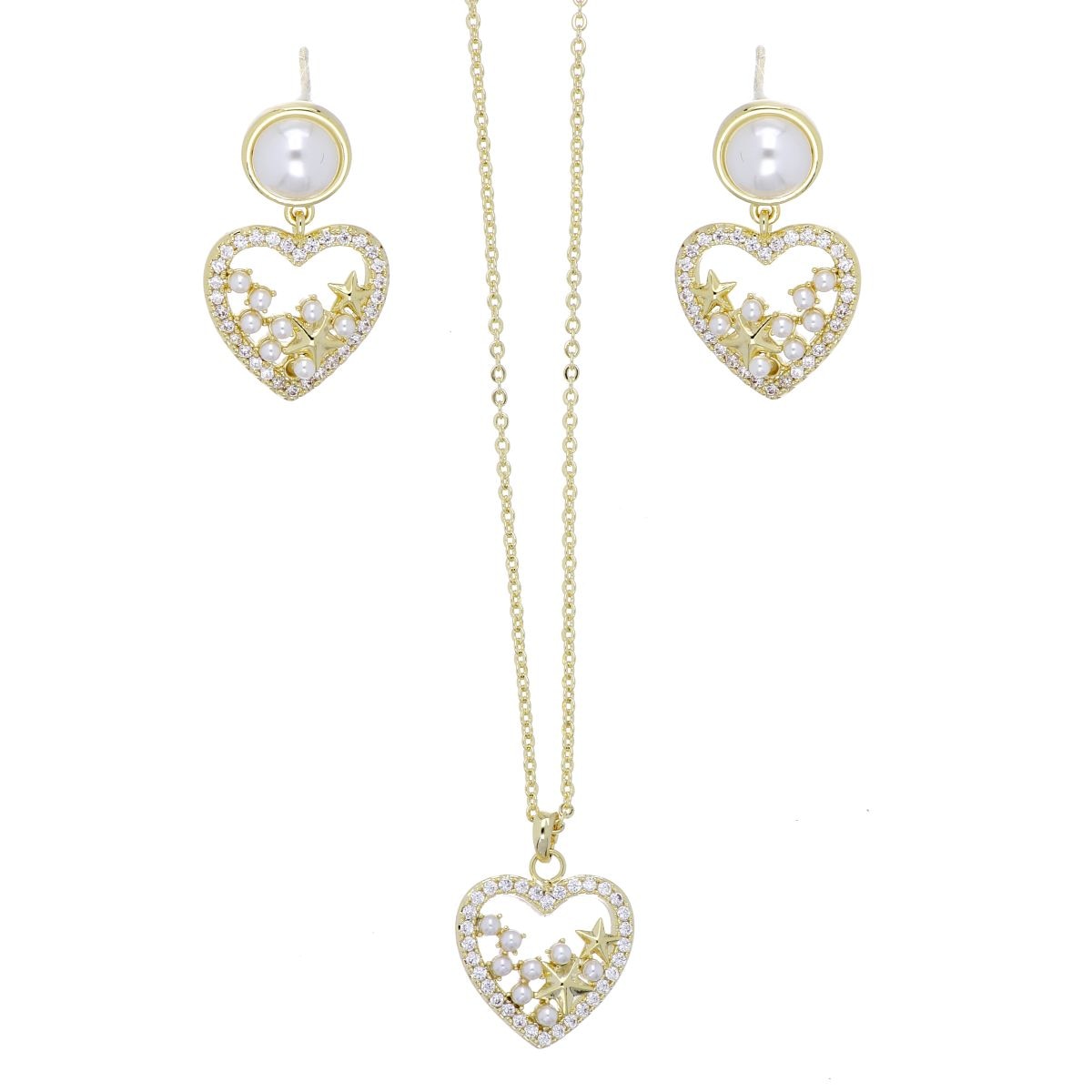 Set Aretes+Dije Cadena Corazón Circonita Blanca Chapado Oro Korei