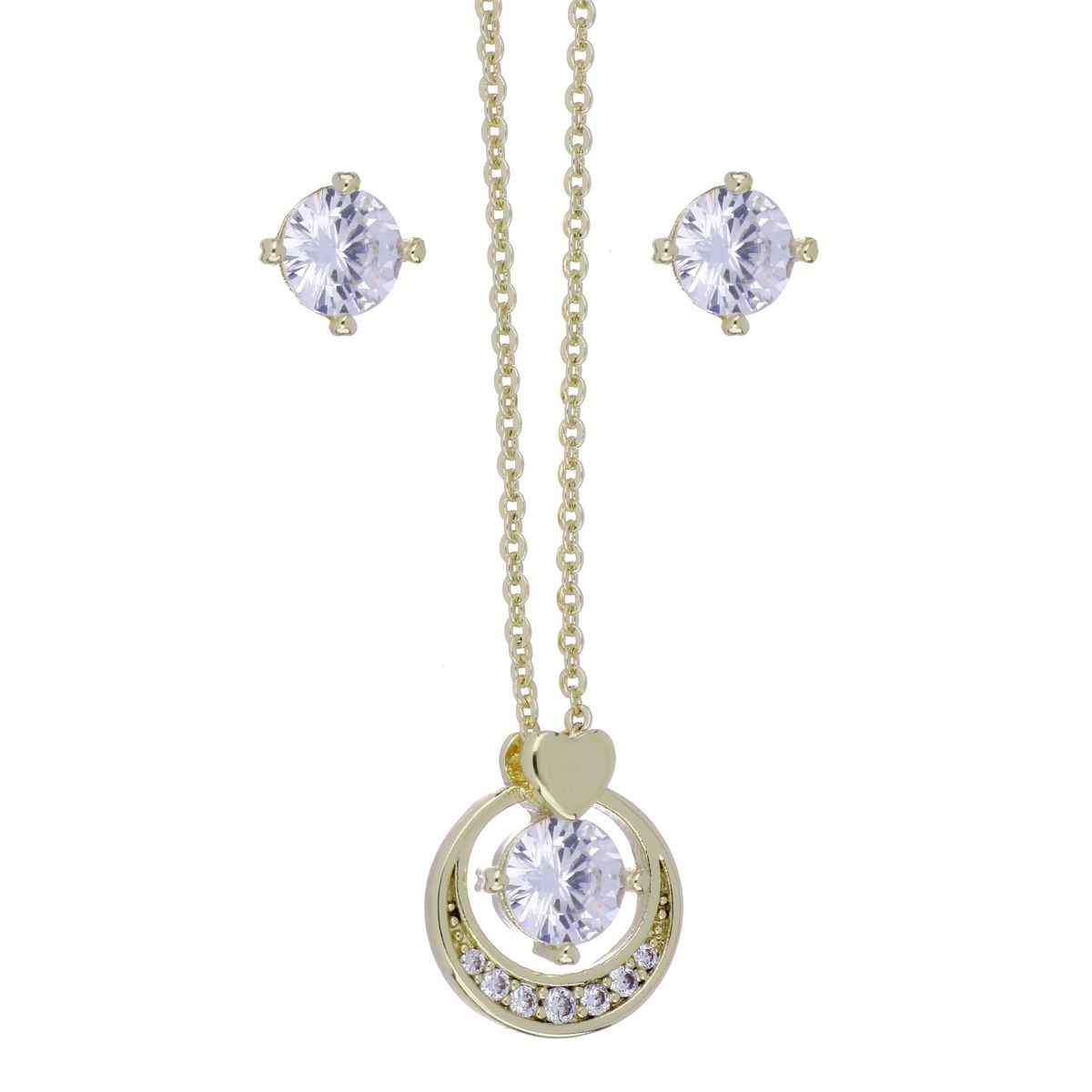 Set Aretes+Dije Cadena Chatón Circonita Blanca Chapado Oro Korei