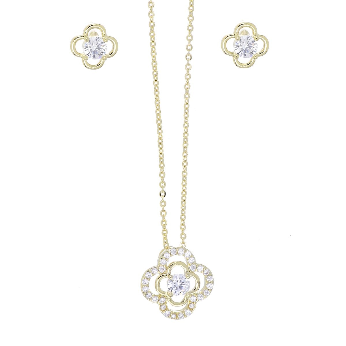 Set Aretes+Dije Cadena Flor Circonita Blanca Chapado Oro Korei