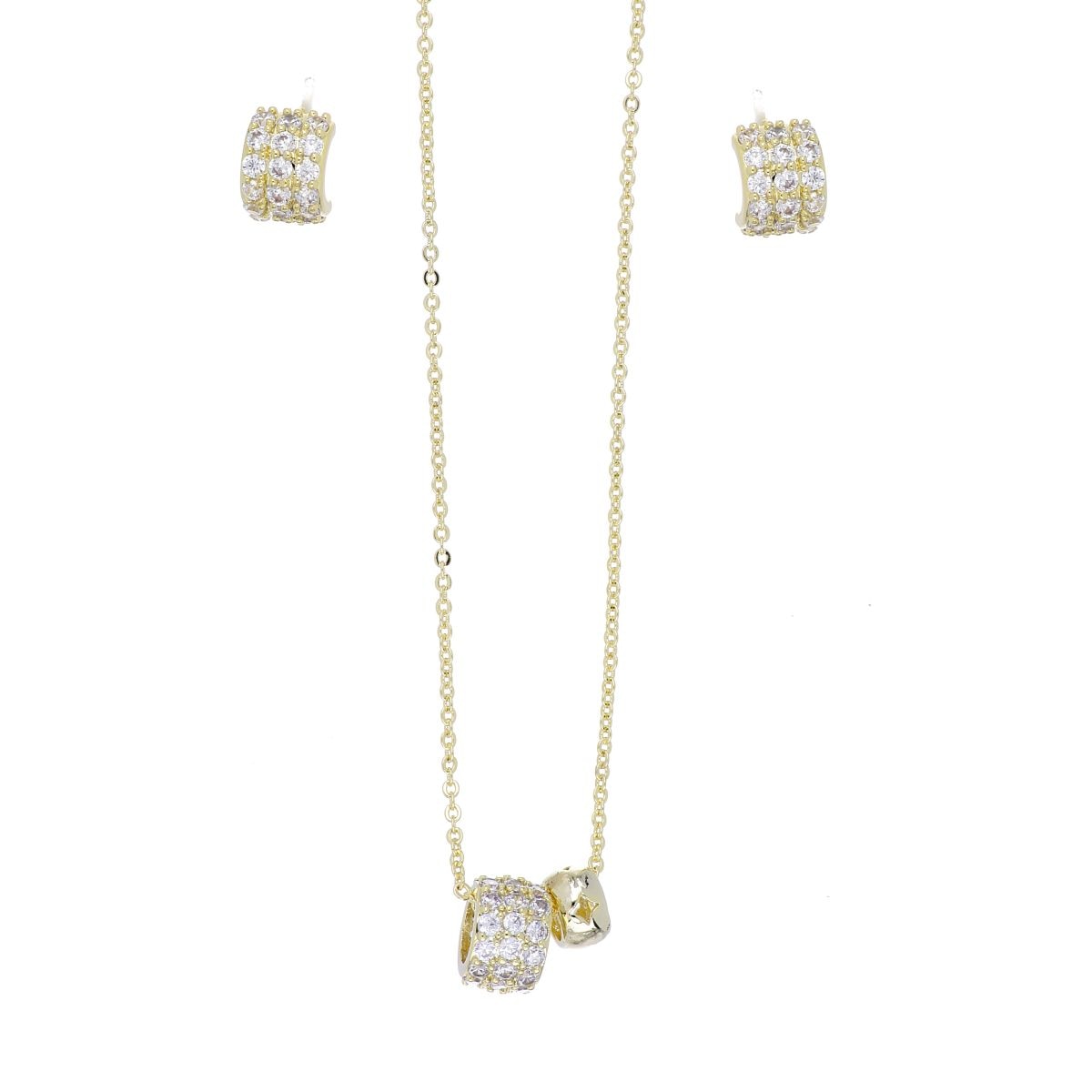 Set Aretes+Gargantilla Cadena Cilindro Circonita Blanca Chapado Oro Korei