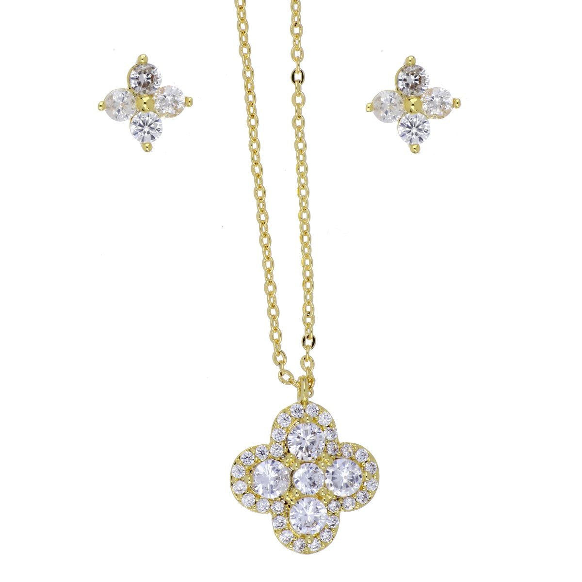 Set Aretes+Dije Cadena Flor Circonita Blanca Chapado Oro Korei