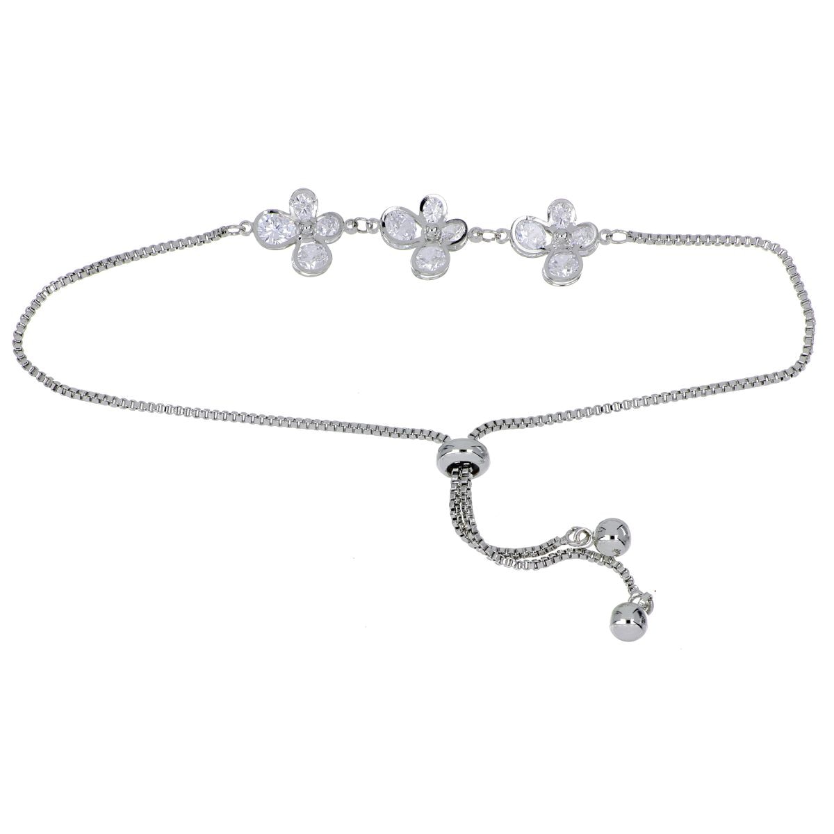 Pulsera Autoajustable Flores Circonita Blanca Acabado Rodio Korei