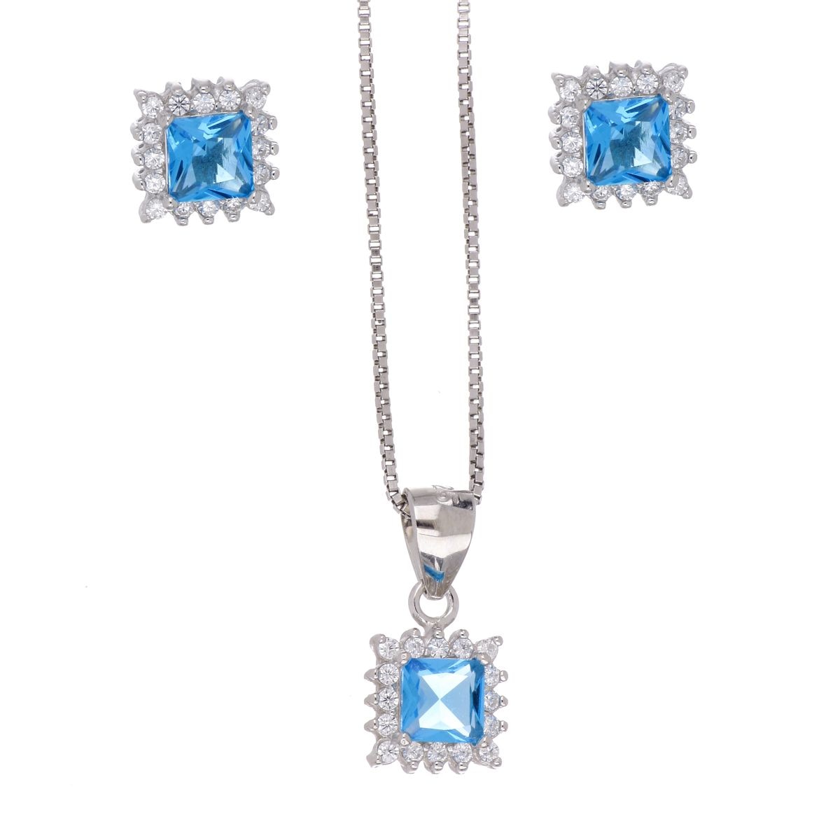 Set Aretes+Dije Cadena Plata .925 Circonita Aquamarina Farfalla Bonetti
