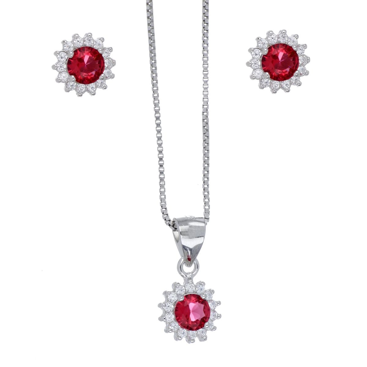 Set Aretes+Dije Cadena Plata .925 Circonita Ruby Farfalla Bonetti
