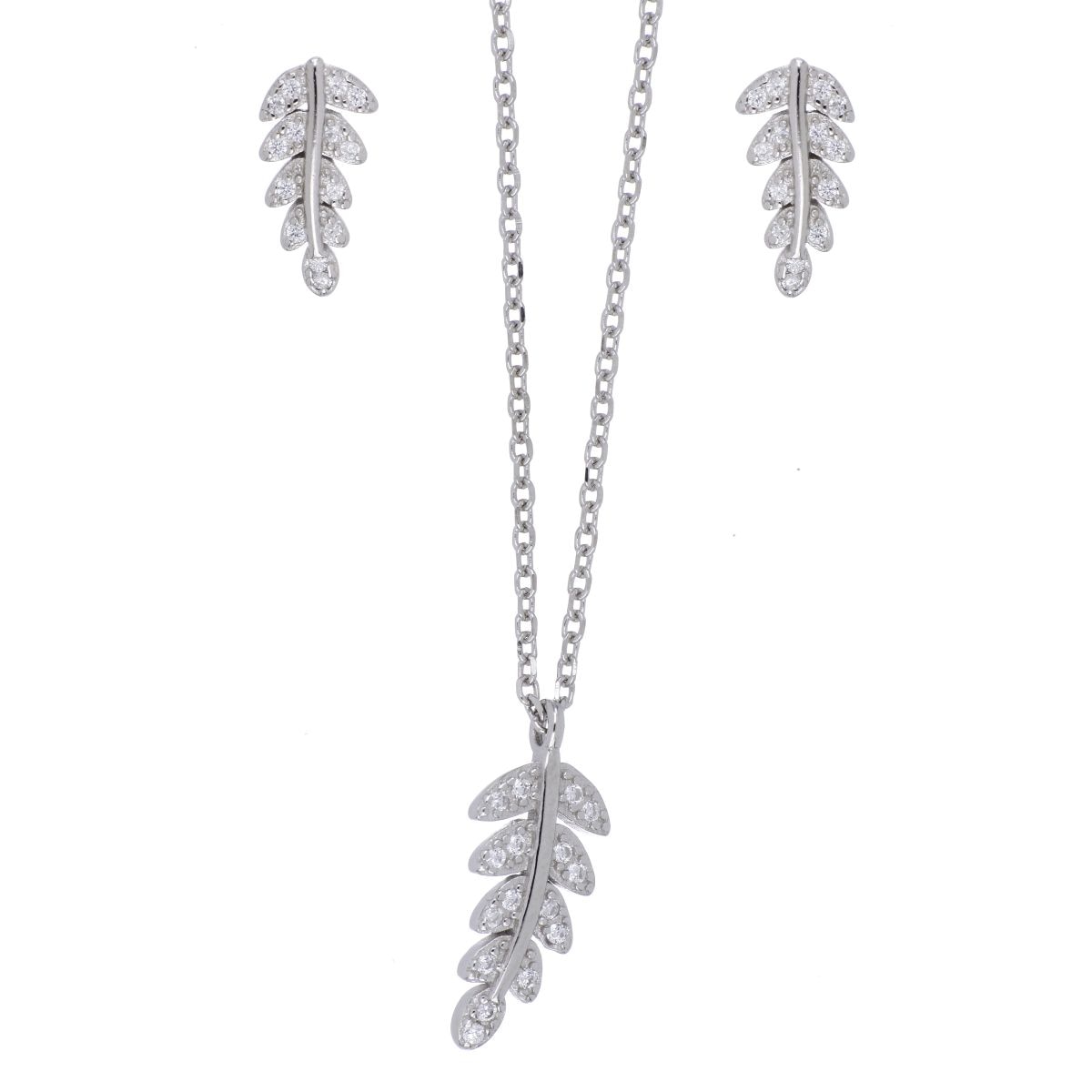 Set Aretes+Dije Cadena Plata .925 Hoja Circonita Blanca Farfalla Bonetti