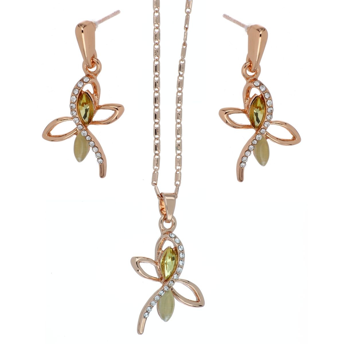 Juego Aretes+Dije Cadena Libélula Piedra Jonquil Camilla