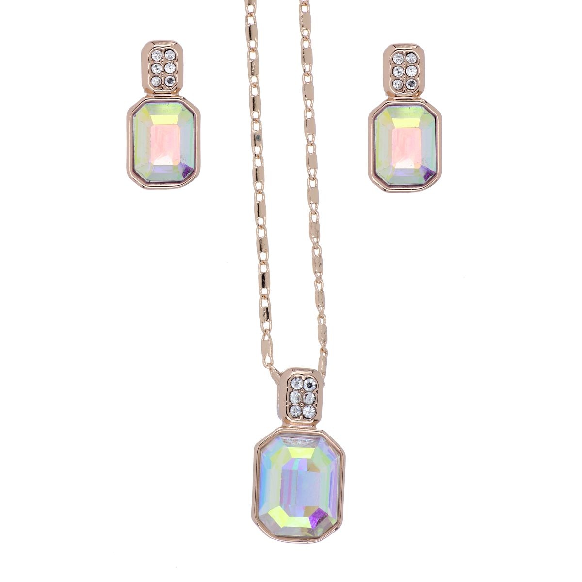 Juego Aretes+Dije Cadena Piedra Cristal Aurora Boreal Camilla