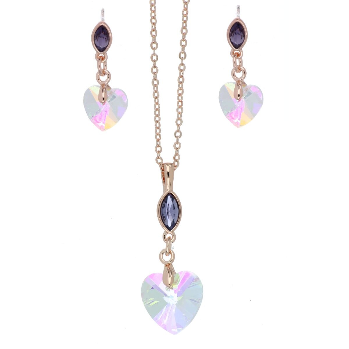 Juego Aretes+Dije Cadena Corazón Piedra Cristal Aurora Boreal Camilla