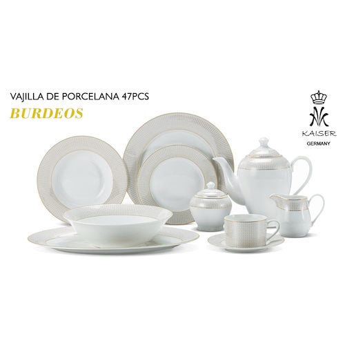 Vajilla 47 Pz Porcelana Blanco Filo Dorado Kaiser