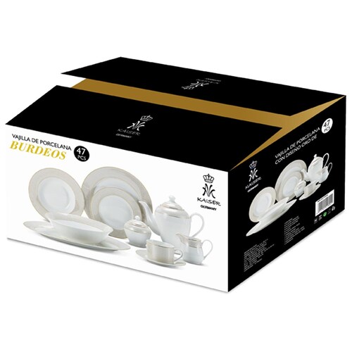 Vajilla 47 Pz Porcelana Blanco Filo Dorado Kaiser