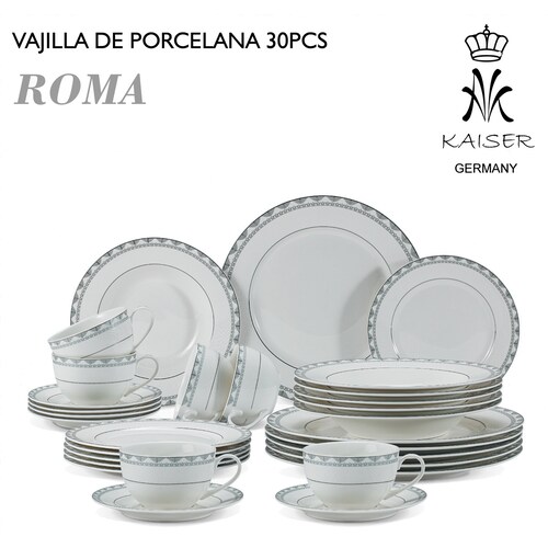 Vajilla 30 Pz Porcelana Roma Blanco con Plata Kaiser