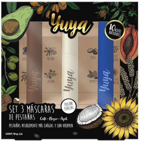 Set Máscaras de Pestañas 10 Aceites Naturales (Negra, Café, Azul) Yuya