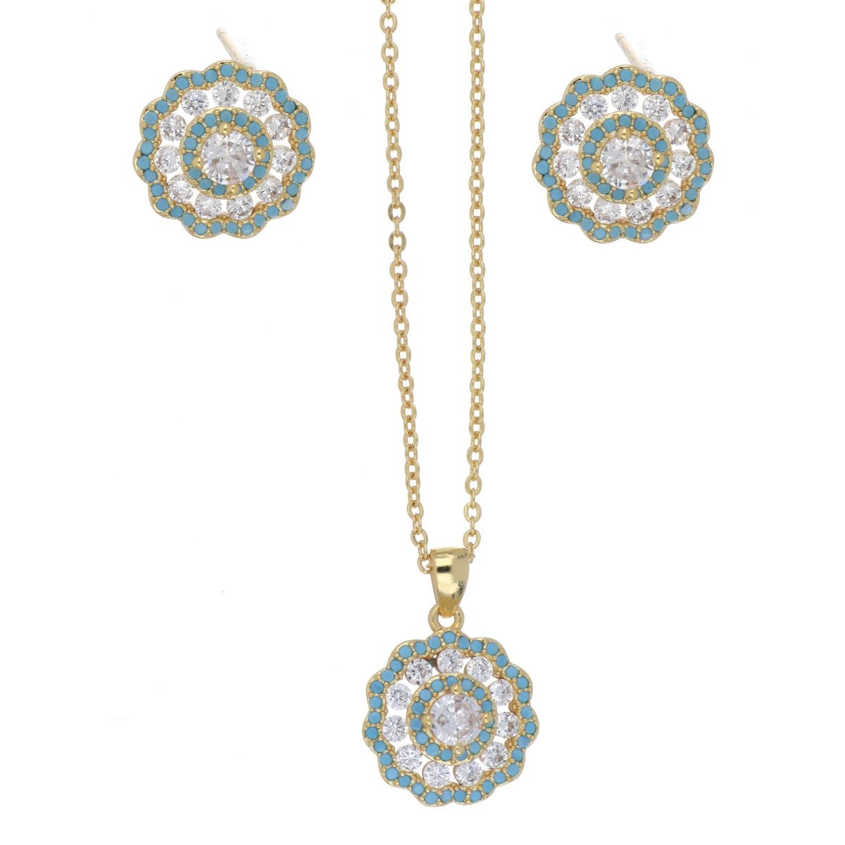 Set Aretes+Dije con Cadena Turquesa Circonita Blanca Chapado Oro Farfalla Bonetti