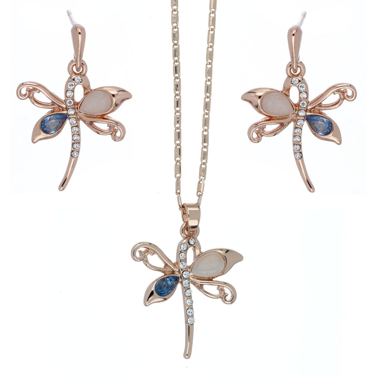 Juego Aretes+Dije con Cadena Libélula Piedra Rosa y Azul Camilla